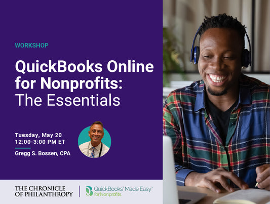 A man in front of a laptop listening and learning from Gregg Bossen about QuickBooks Online for Nonprofits: The Essentials. 