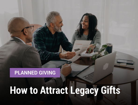 Planned Giving Webinar: How to Attract Legacy Gifts - image of three adults talking at a table with charts and a laptop