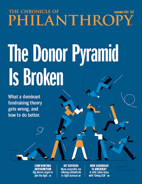 The Donor Pyramid Is Broken - September 2023 - an illustration of human figures trying to form a misshapen pyramid