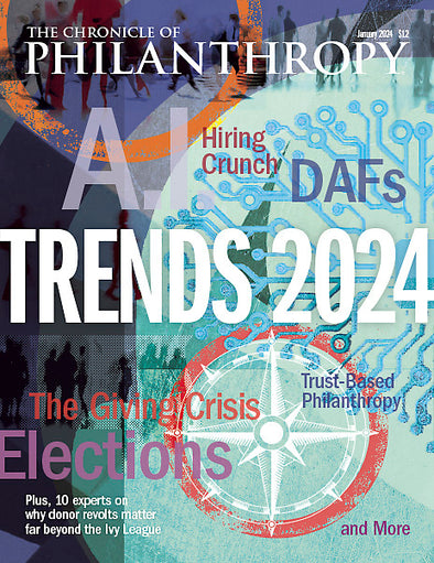 Trends 2024 - January 2024: An abstract artistic cover featuring key trends of 2024 including: A.I., Hiring Crunch, DAFs, The Giving Crisis, Elections, Trust-Based Philanthropy and more.