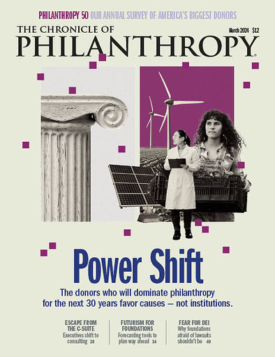 Philanthropy 50: Power Shift - March 2024 Issue: Two women on the cover looking hard at work and conveying how donors who will dominate philanthropy for the next 30 years favor causes - not institutions.
