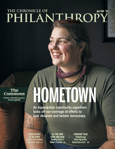 The Commons: Hometown - Chronicle of Philanthropy April 2024 Issue - An Appalachian community woman sits gazing off in the distance with a smile.