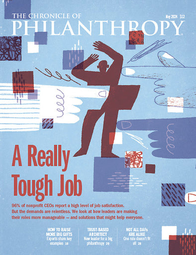 A Really Tough Job - May 2024 Issue - An abstract drawing of an individual being pushed by fingers in different directions to depict a nonprofit CEO's demands of the role.