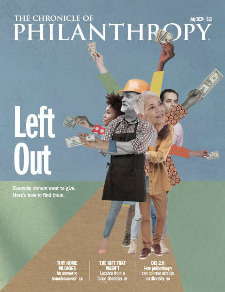 Chronicle of Philanthropy - July 2024 Issue - An abstract collage of a group of working class people flashing money as part of everyday donors wanting to give.
