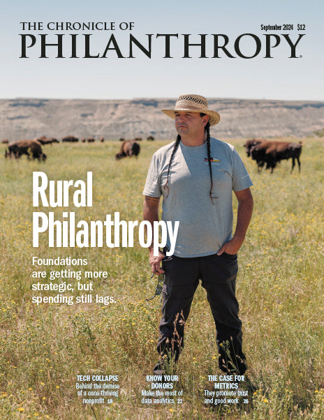 Rural Philanthropy - September 2024 Issue - Foundations are getting more strategic, but spending still lags. Represented by a man standing in an open field somewhere in the Great Plains with Bison in the background. 