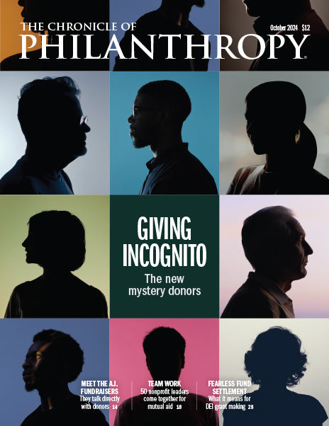 Giving Incognito - October 2024 Issue - Chronicle of Philanthropy cover image of multiple silhouette headshots of individuals with the tagline of The New Mystery Donors.  