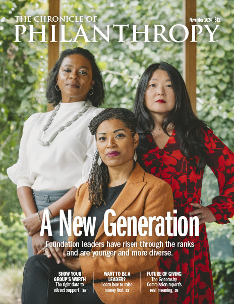 Chronicle of Philanthropy - November 2024 Issue - Three minority women standing and sitting with power and dignity representing foundation leaders that have risen through the ranks and are younger and more diverse. 