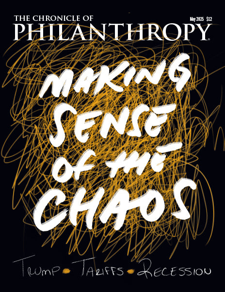 May 2025 Chronicle of Philanthropy Issue | Gold scrambled lines on a black background with the words Making Sense of the Chaos on top of the lines. 