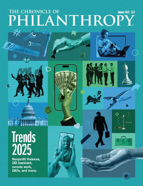 January 2025 Issue - Trends of 2025 - Abstract art cover showing examples of  Nonprofit finances, DEI backlash, remote work, DAFs, and more.