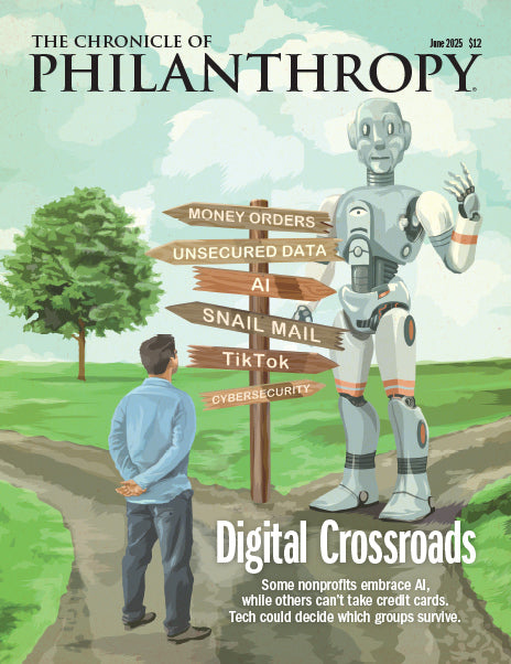 Digital Crossroads - Chronicle of Philanthropy - June 2025 Issue - A robot standing at a fork in the road with a gentlemen looking at signs for money orders, unsecured data, AI, snail mail, tiktok and cybersecurity. 