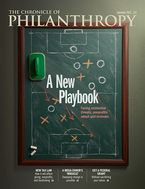 Magazine cover titled 'The Chronicle of Philanthropy' featuring a chalkboard with game plan and text.