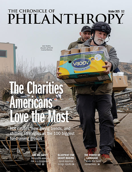 Two men carrying canned goods with text about the charities Americans love the most