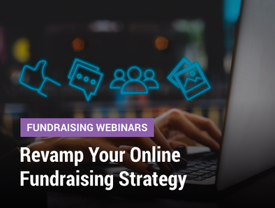 Fundraising Webinars: Revamp Your Online Fundraising Strategy - Cover images of hands typing on a computer with blue media icons