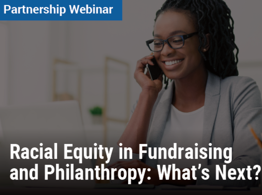 Partnership Webinar: Racial Equity in Fundraising and Philanthropy: What’s Next? - Image of a woman on the phone smiling