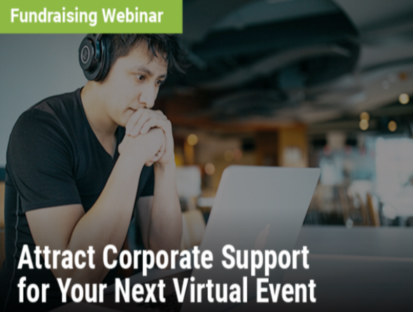 Fundraising Webinar: Attract Corporate Support for Your Next Virtual Event - Image of a guy wearing headphones looking at his computer screen