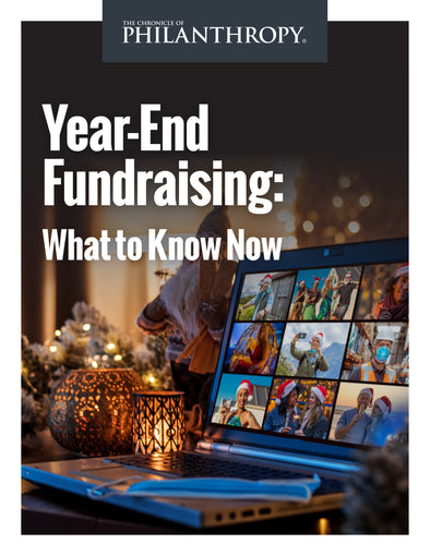 Chronicle of Philanthropy Collection: Year-End Fundraising: What to Know Now - image of a computer with a mask on the keyboard and a screen with people celebrating the holidays